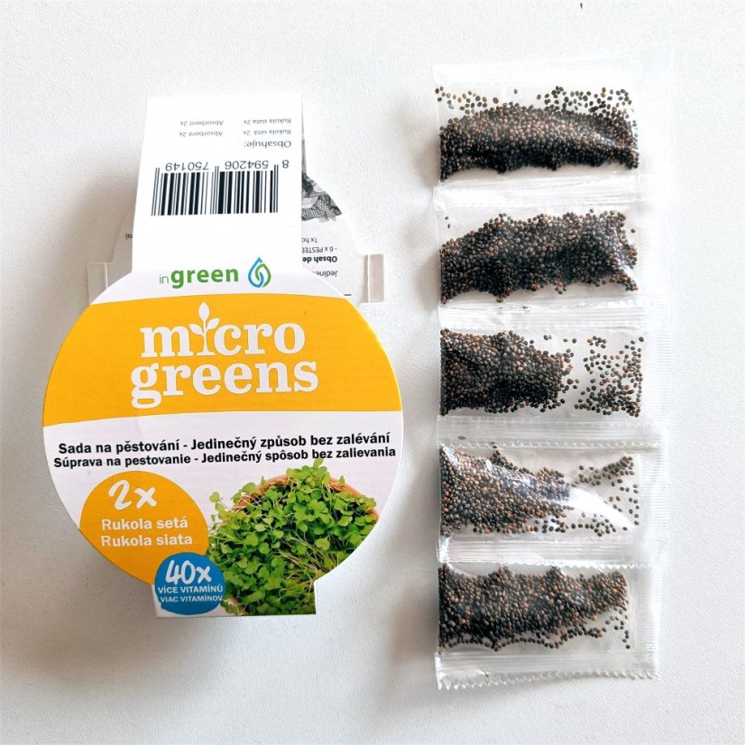 Microgreens - sady inGreen semínek (5 ks) - Sada 5ks semínek: Mystery II. (mix semínek mizuna čer. a zel., kedluben a rukola)