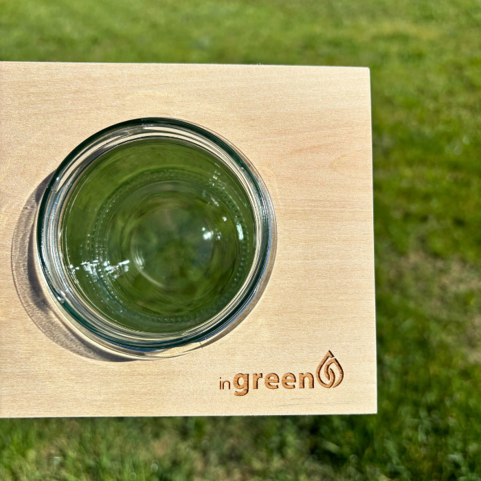 inGreen Dřevěná zahrádka + 3 skleničky, 3 balení semínek a hydrogelu - Dřevěný stojánek: Ošetřené dřevo olejem, Výběr dřevěného stojánku: Kulatá noha stojánku, Druh semínek: Mizuna zelená