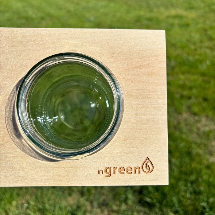 inGreen Dřevěná zahrádka + 3 skleničky, 3 balení semínek a hydrogelu - Dřevěný stojánek: Neošetřené dřevo, Výběr dřevěného stojánku: Kulatá noha stojánku, Druh semínek: Mix semínek (jemně hořký)