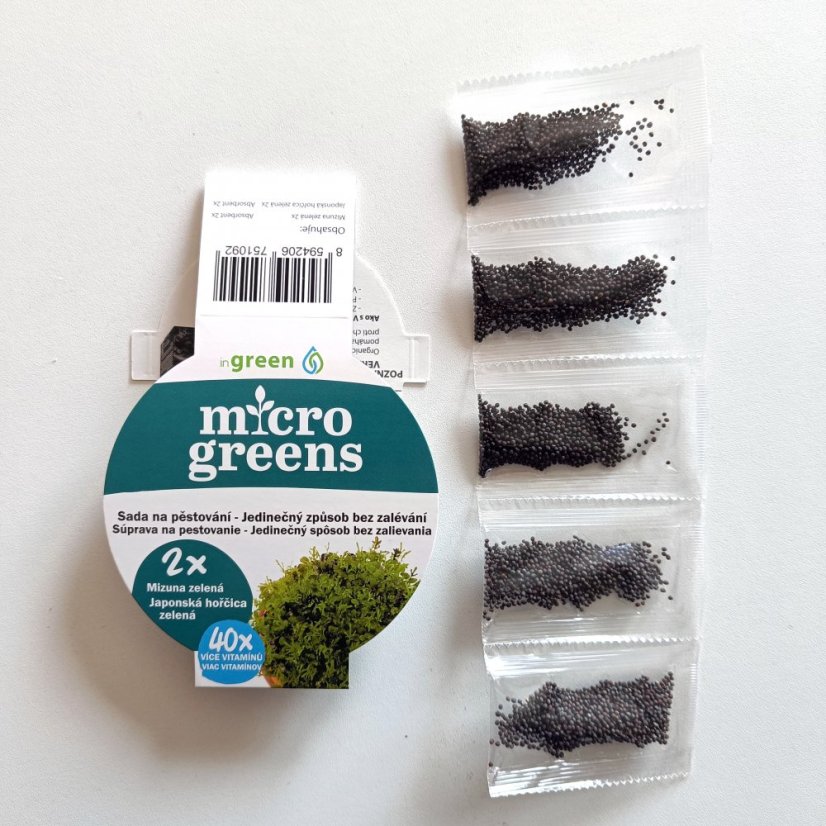 Microgreens - sady inGreen semínek (5 ks) - Sada 5ks semínek: Mystery II. (mix semínek mizuna čer. a zel., kedluben a rukola)